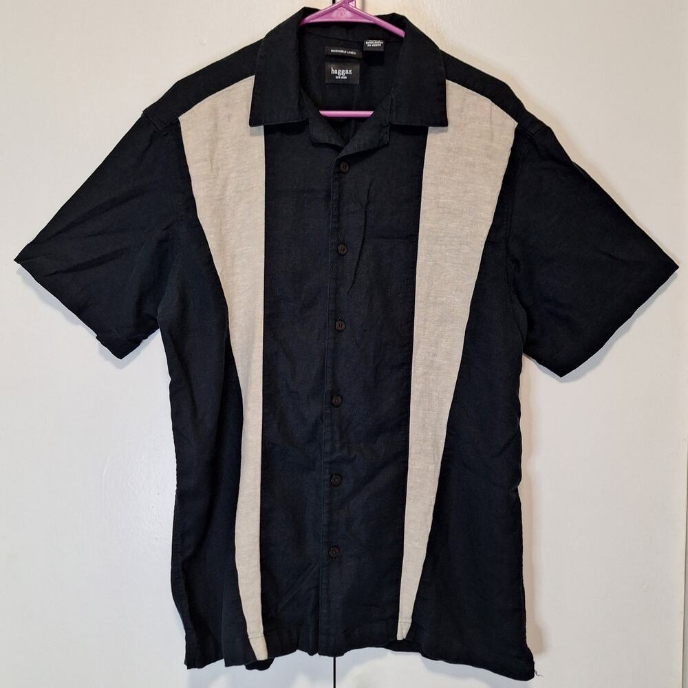 Haggar Mens Washable Linen Short Sleeve Button Up Shirt Size Large